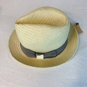 C.C. Exclusive Fedora Paper Hat with Grey Bow and Gold Logo